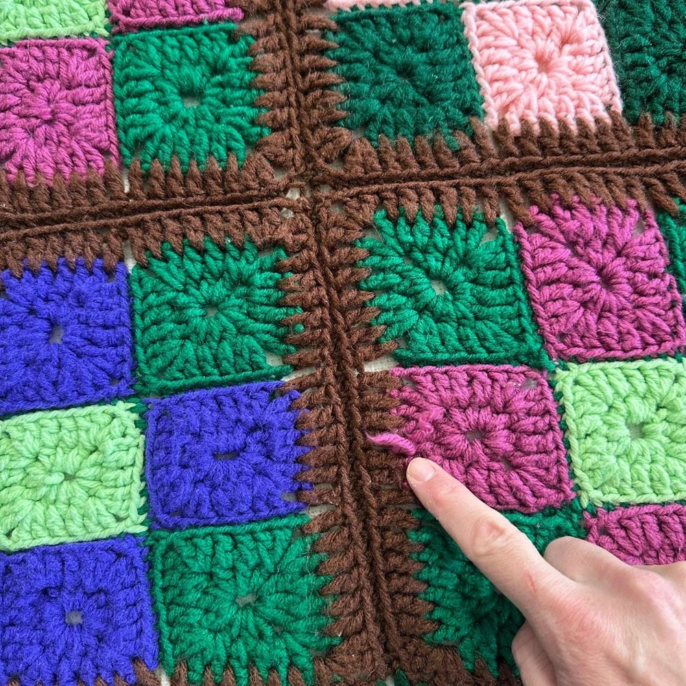 VTG 70s Granny‎ Square Crochet Blanket Throw Cottagecore Boho Handmade 42x42